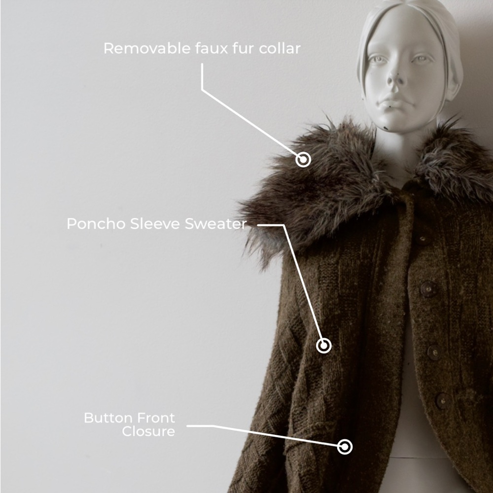 Faux Fur Poncho Sweater with Cape Sleeve and button front closure - Small (S)